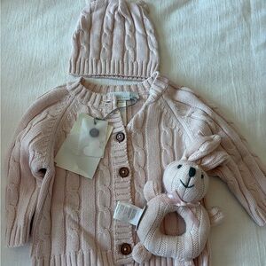 Soft Pink Cable Knit Baby Matching Set with Hat and Rattle